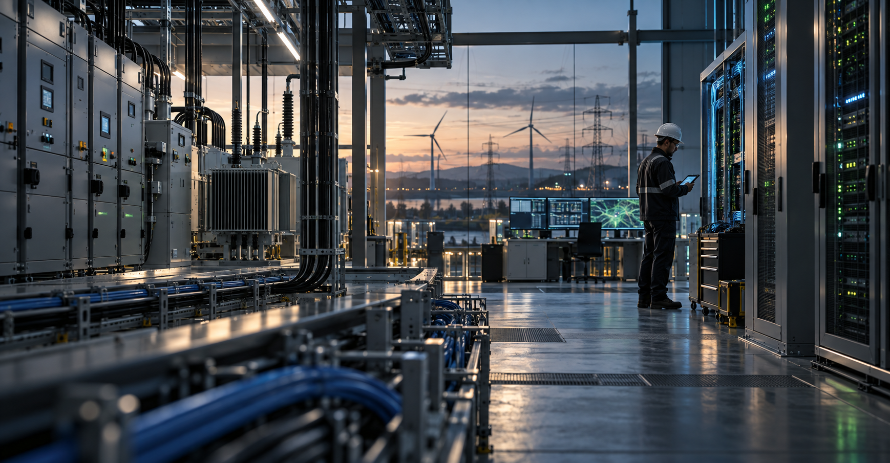 Operations team monitoring wind turbines, electrical infrastructure, and compute equipment