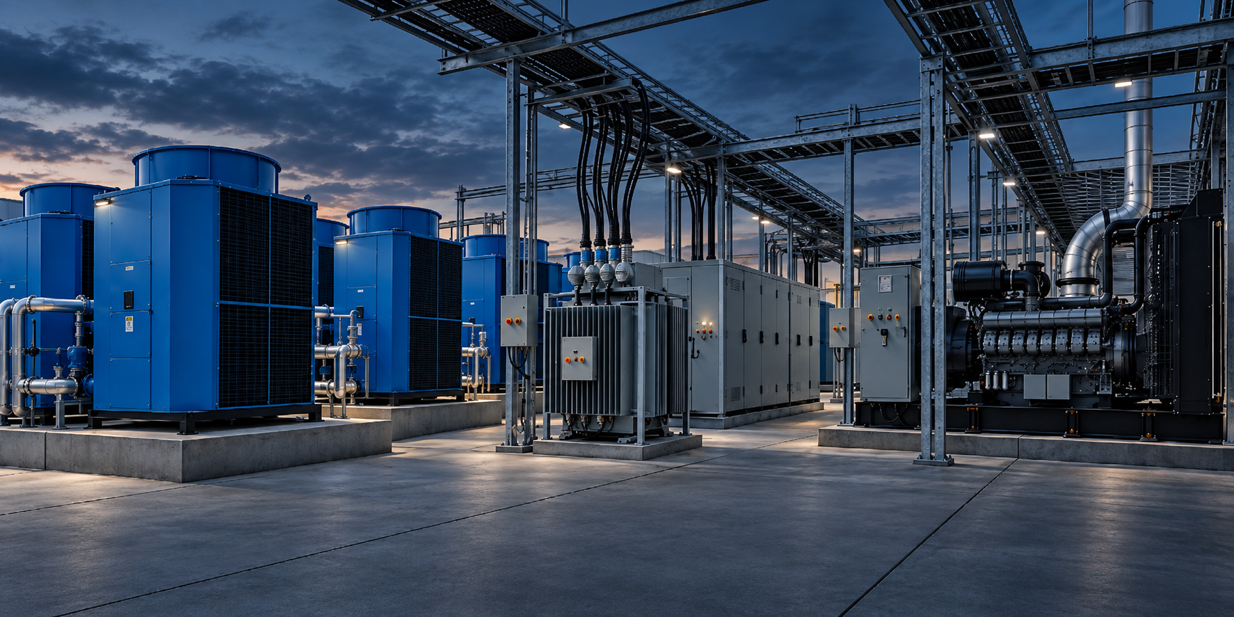 Data center infrastructure with blue cooling equipment, generator power, and electrical systems at twilight
